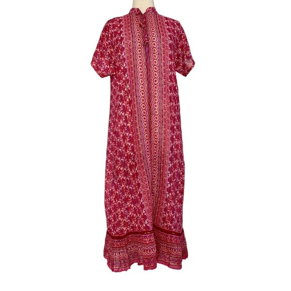 Vintage Metallic Sheer Chiffon Pink Floral Boho Button Up Maxi Kaftan Dress OS - Picture 2 of 12